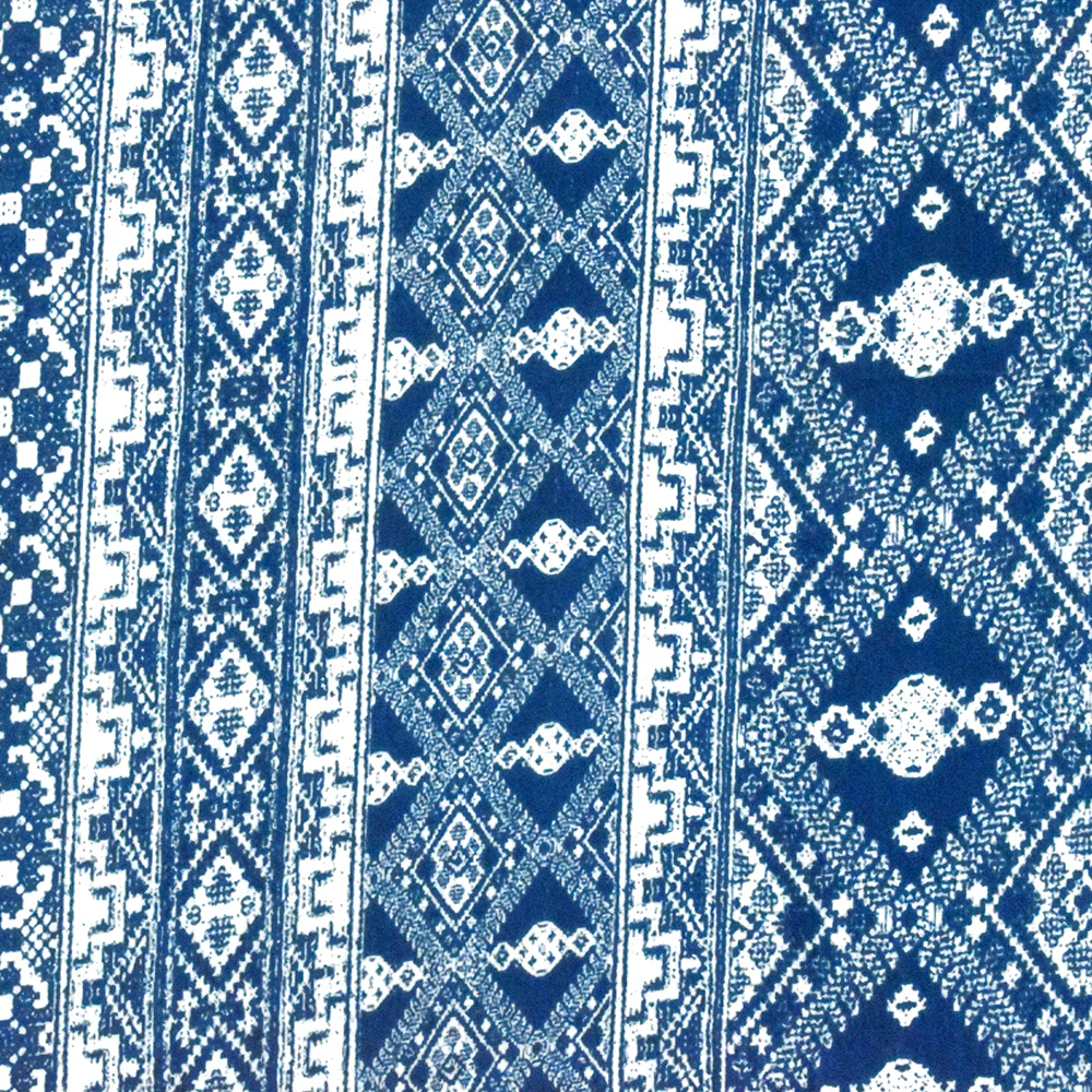 Ink Blue-White Aztec Printed Stretch Rayon Jersey Knit Fabric