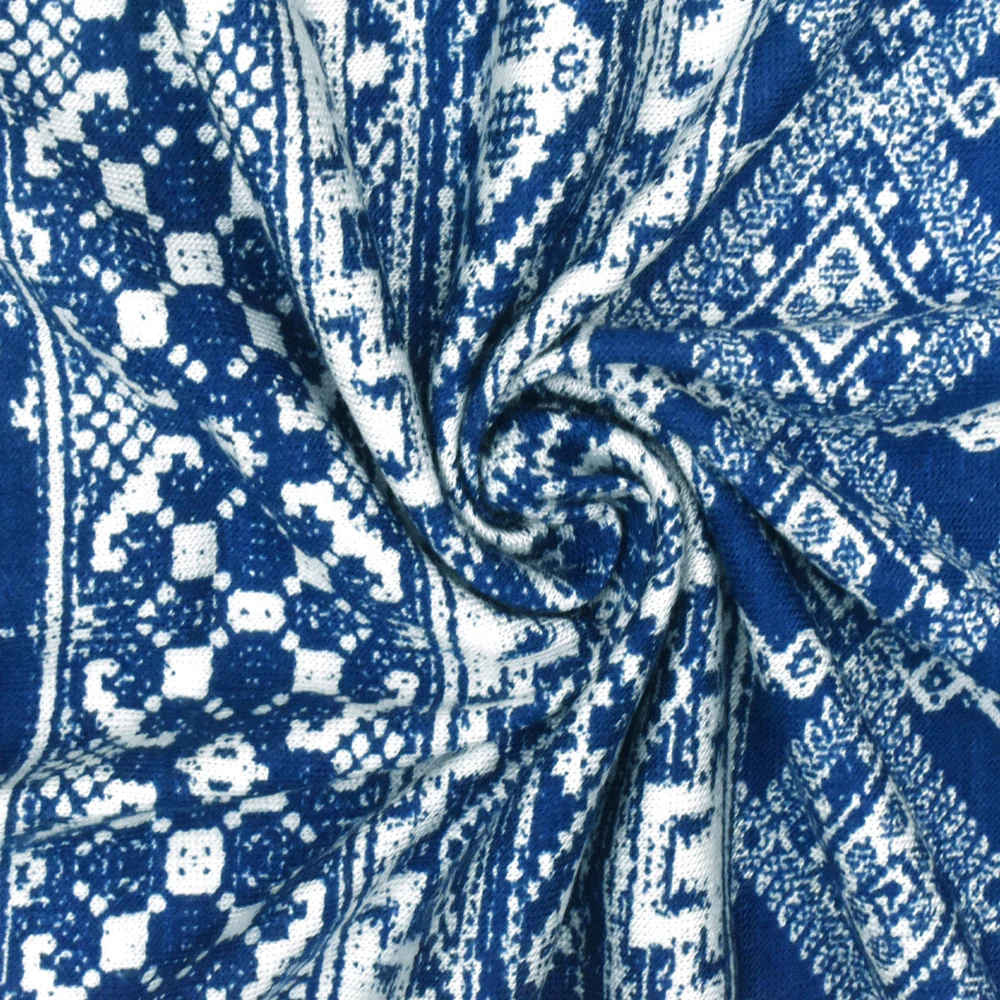 Ink Blue-White Aztec Printed Stretch Rayon Jersey Knit Fabric - Image 2