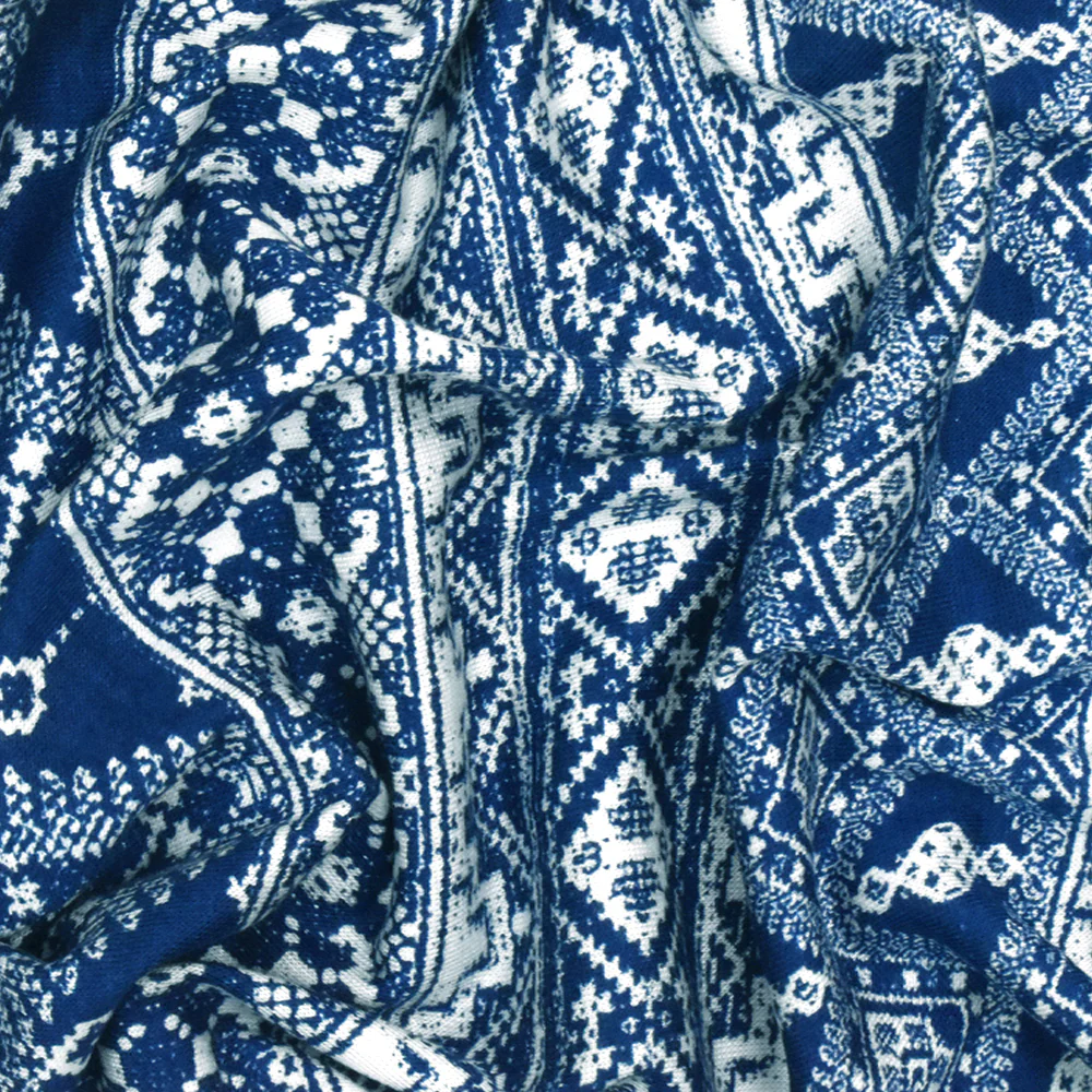 Ink Blue-White Aztec Printed Stretch Rayon Jersey Knit Fabric - Image 3