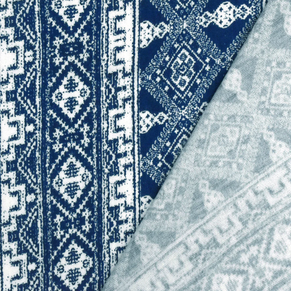 Ink Blue-White Aztec Printed Stretch Rayon Jersey Knit Fabric - Image 4