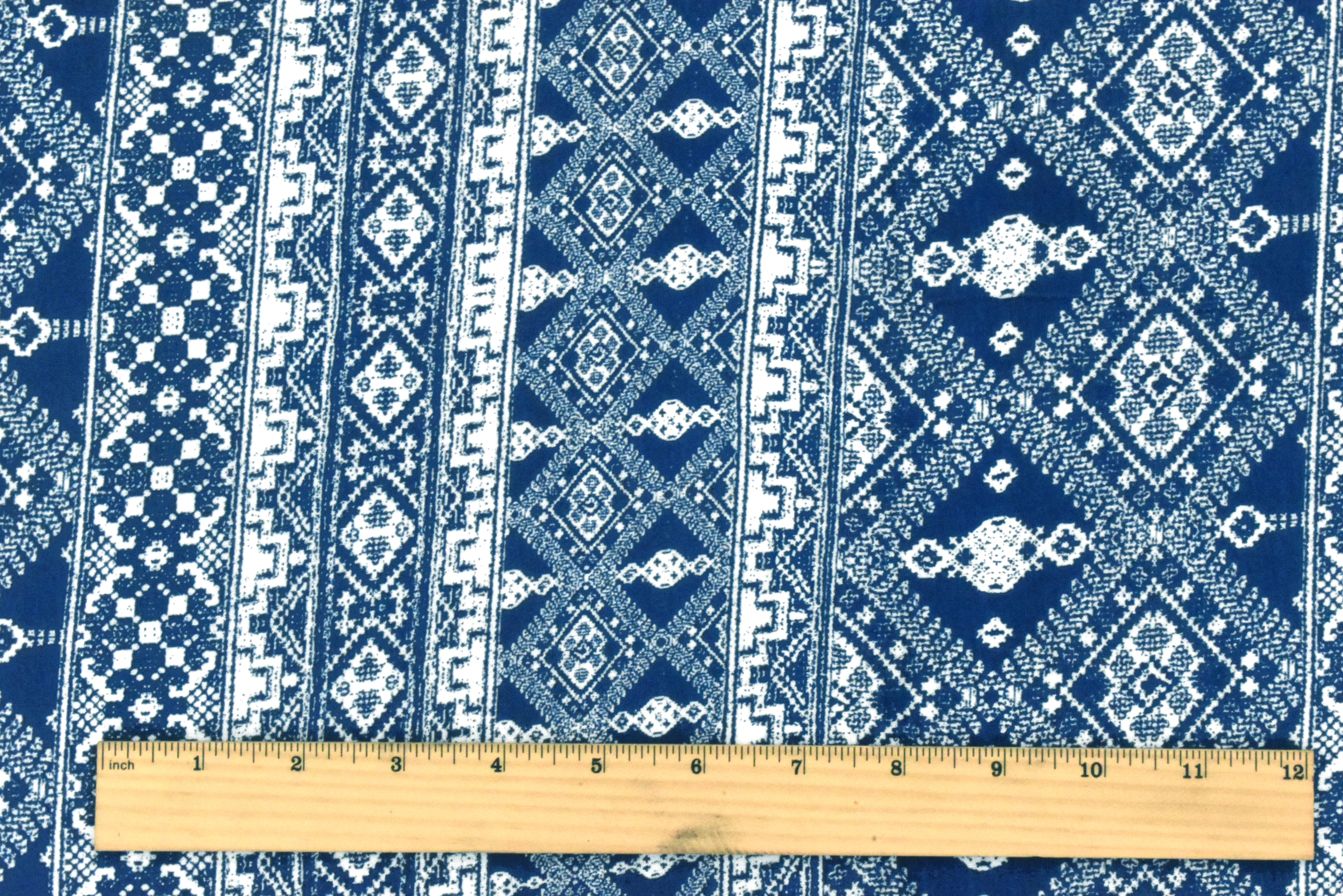 Ink Blue-White Aztec Printed Stretch Rayon Jersey Knit Fabric - Image 5