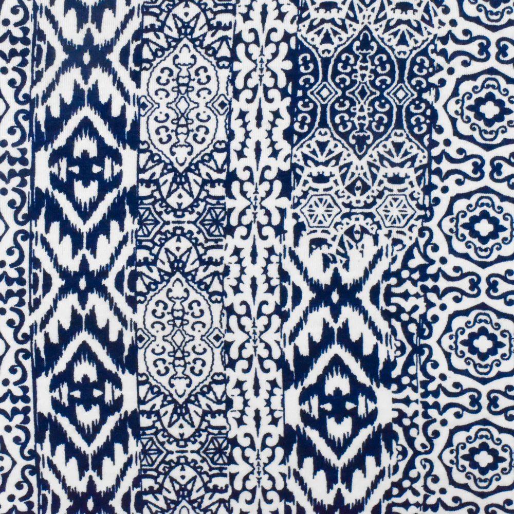 Ink Blue-White Multi Pattern Stripe Print Stretch Rayon Jersey Knit Fabric