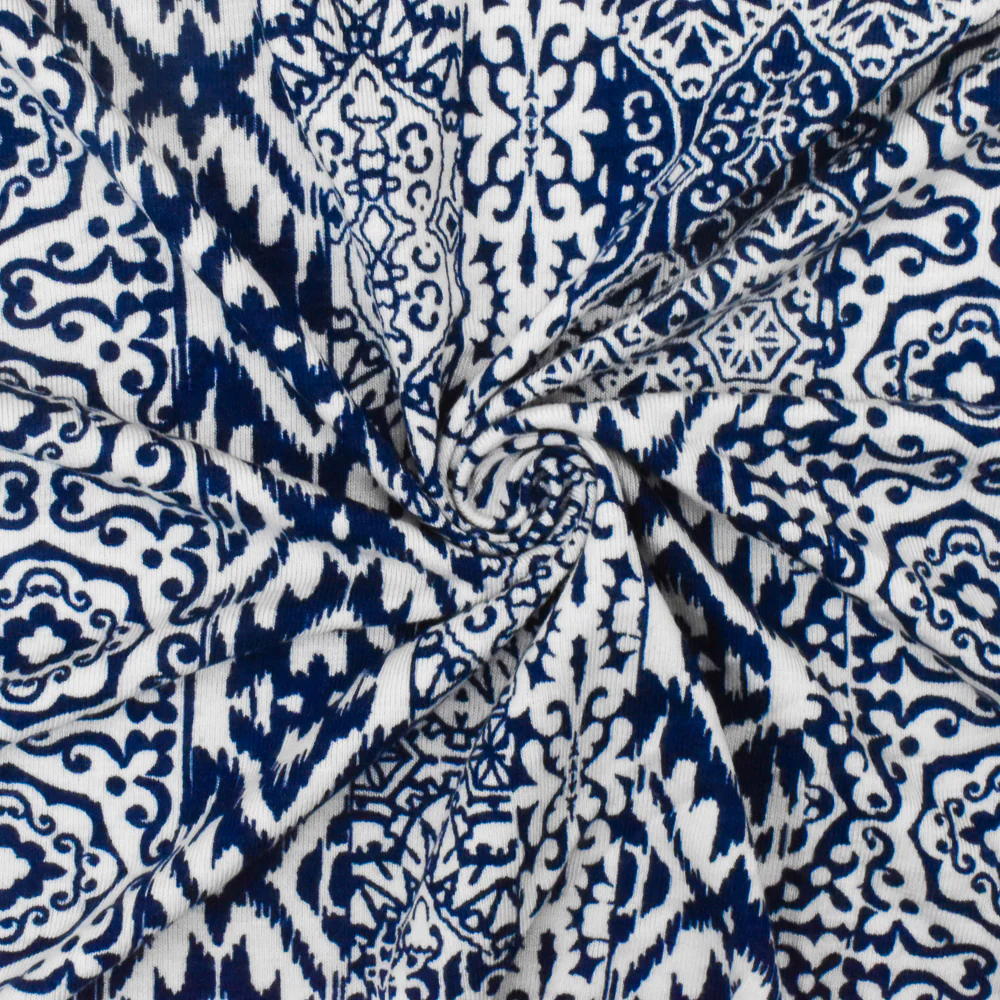 Ink Blue-White Multi Pattern Stripe Print Stretch Rayon Jersey Knit Fabric - Image 2