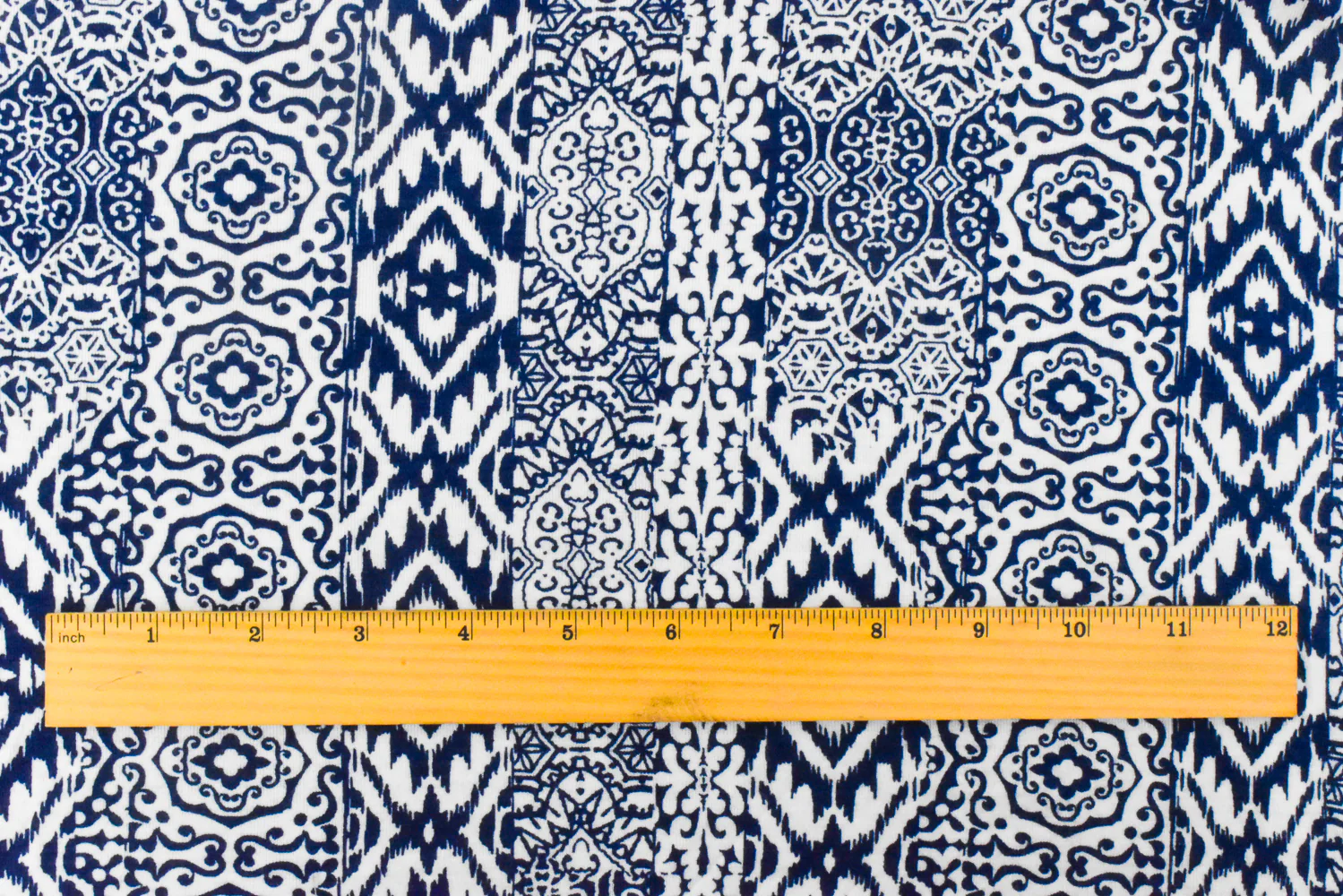 Ink Blue-White Multi Pattern Stripe Print Stretch Rayon Jersey Knit Fabric - Image 4