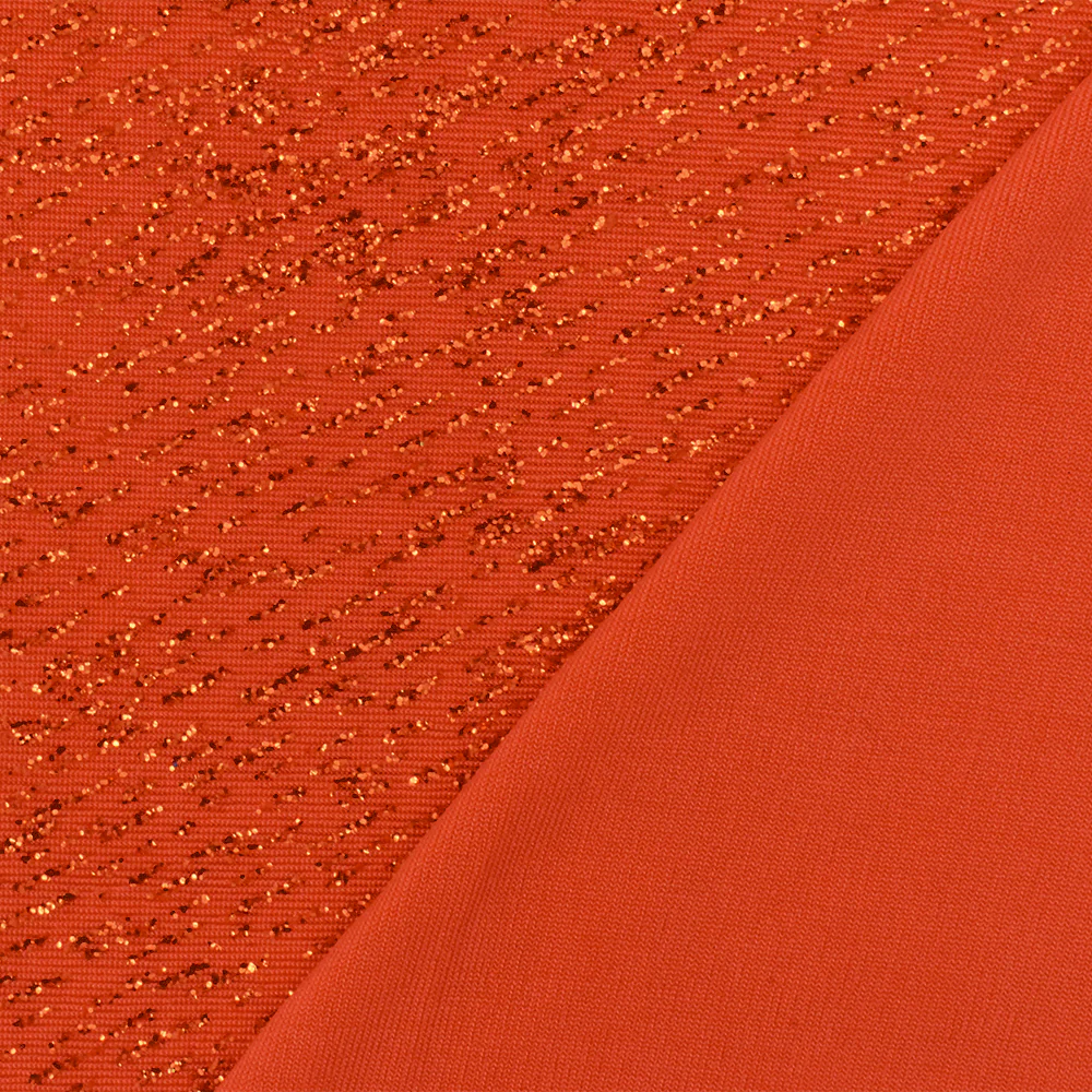 Intense Orange Texture Sparkle Metallic Printed Stretch Slinky Knit Fabric - Image 2