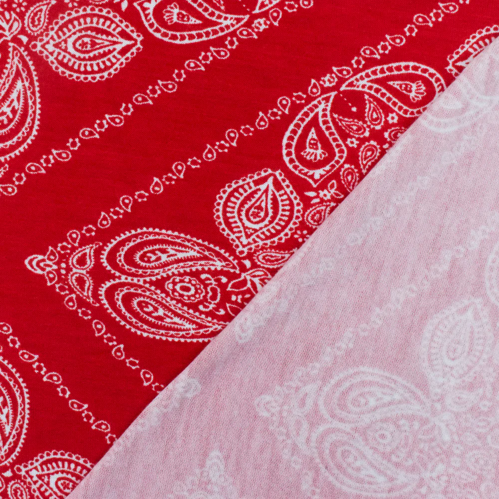 Intense Red - White Bandana Printed Stretch Rayon Jersey Knit Fabric - Image 3