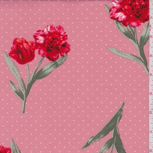 ITY Peach Pink Pin Dot Floral Jersey Knit Fabric
