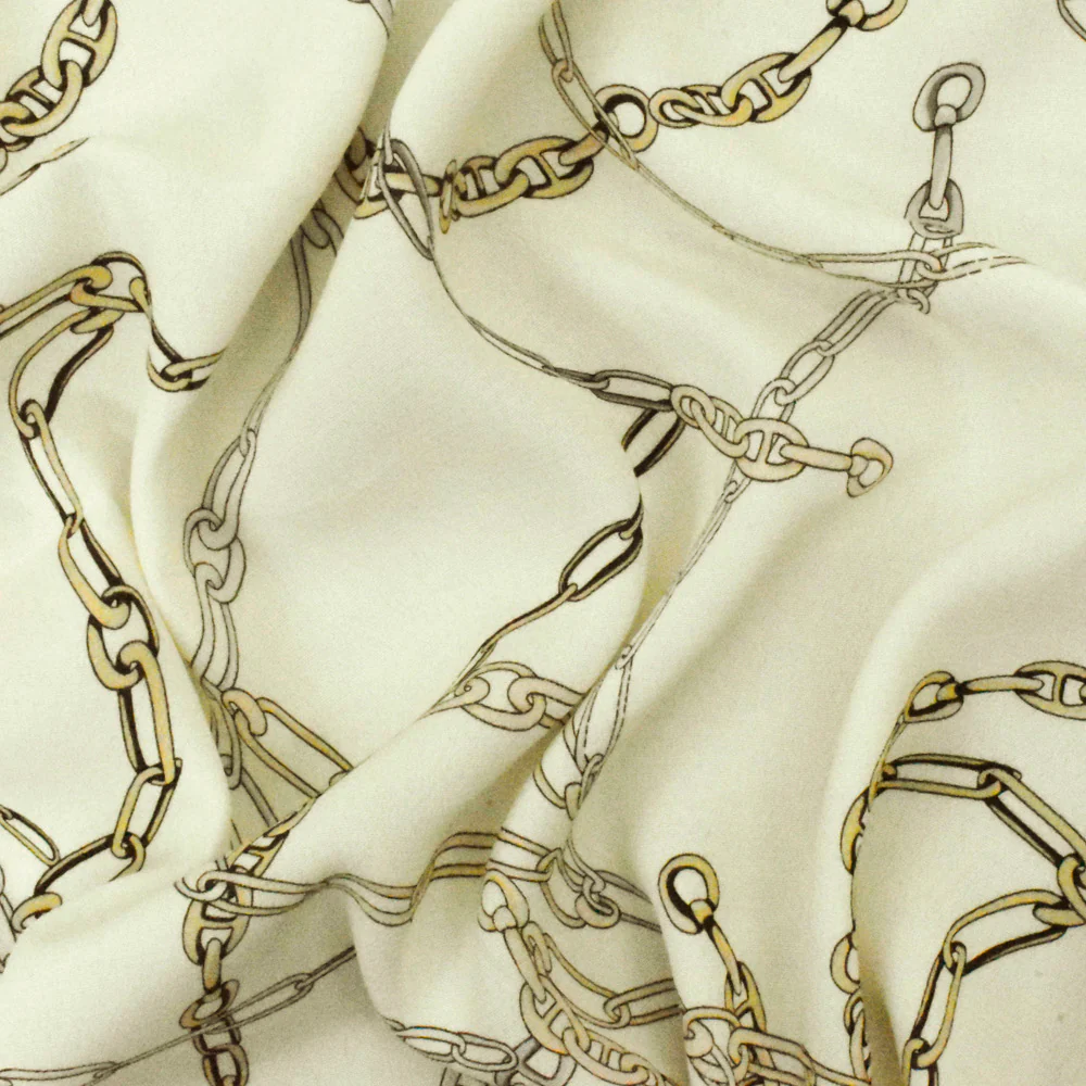 Ivory-Beige-Multi Famous Designer Chain Printed Viscose Crepe Faille Fabric - Image 3
