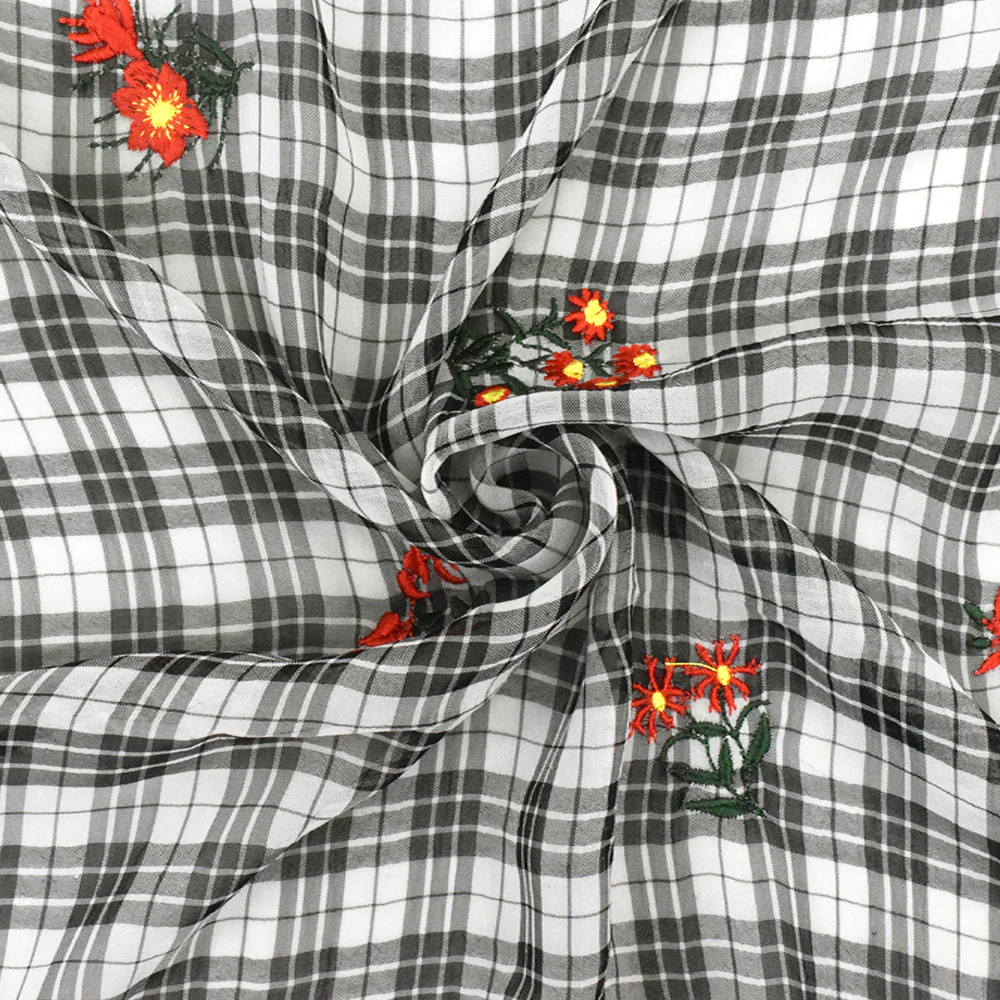 Ivory-Black-Multi Floral Embroidered Plaid Polyester Chiffon Woven Fabric - Image 2