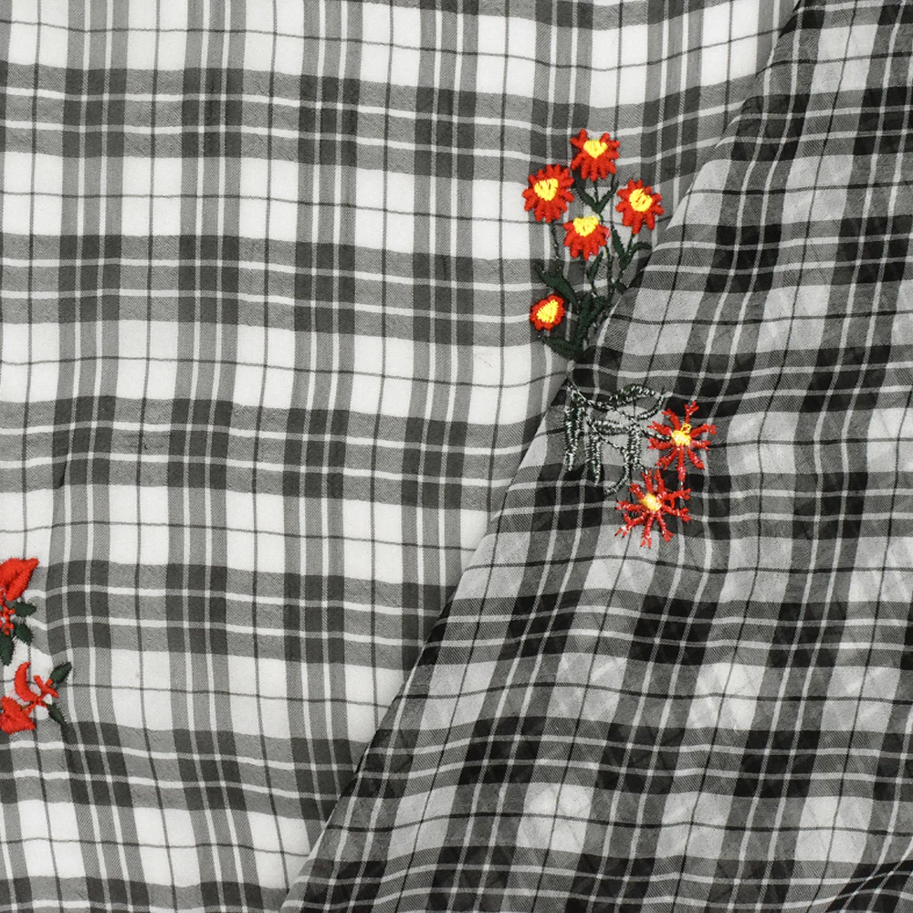 Ivory-Black-Multi Floral Embroidered Plaid Polyester Chiffon Woven Fabric - Image 4