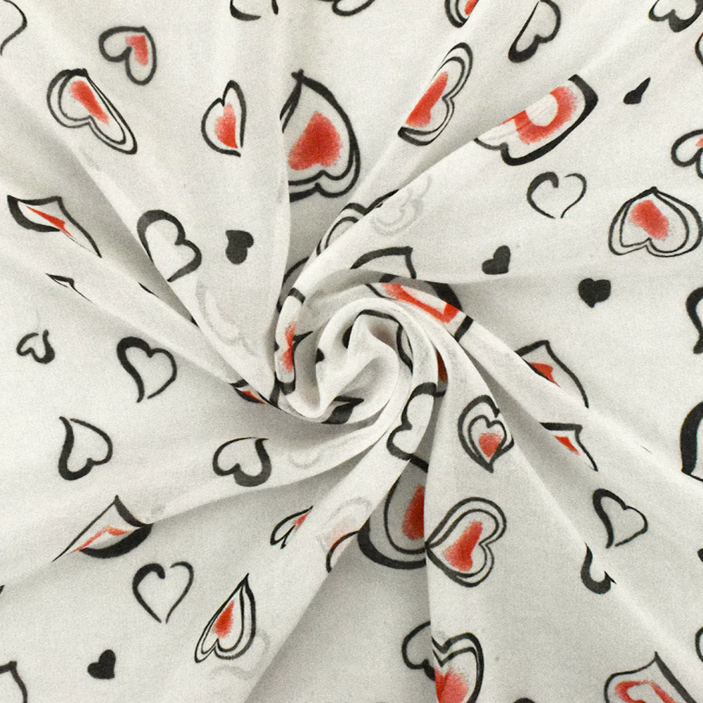 Ivory-Black-Red Heart Printed Poly Chiffon Woven Fabric - Image 2