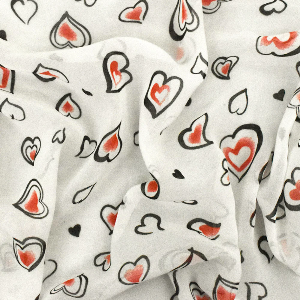 Ivory-Black-Red Heart Printed Poly Chiffon Woven Fabric - Image 3