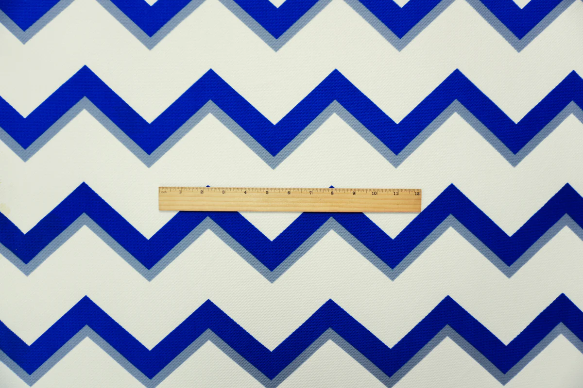 Ivory-Blue-Gray Poly Chevron Print Liverpool Double Knit Fabric - Image 4