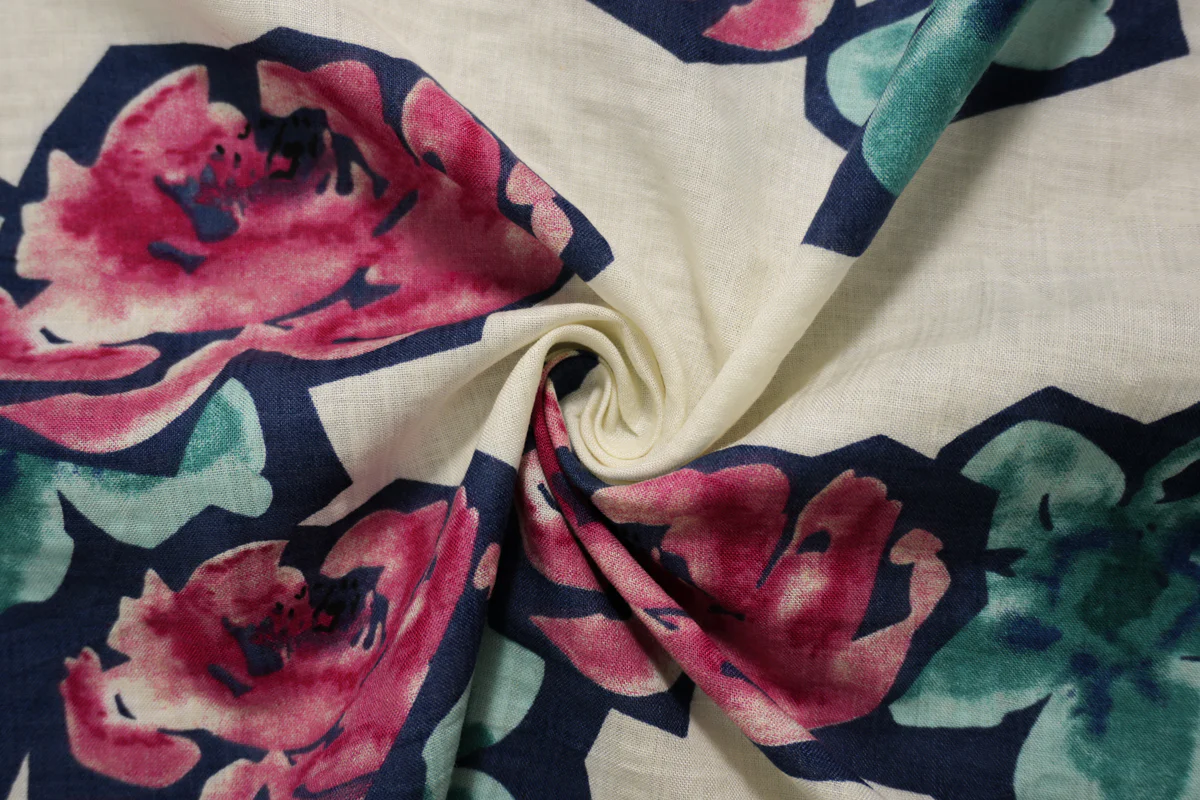 Ivory-Blue-Multi Cotton Floral Printed Voile Woven Fabric - Image 2