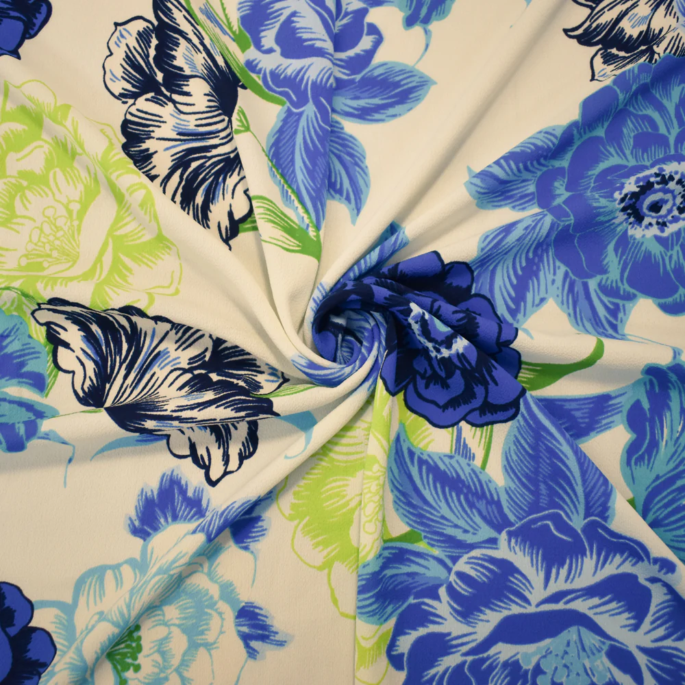 Ivory-Blue-Multi Poly Floral Print Pebble Crepe Woven Fabric