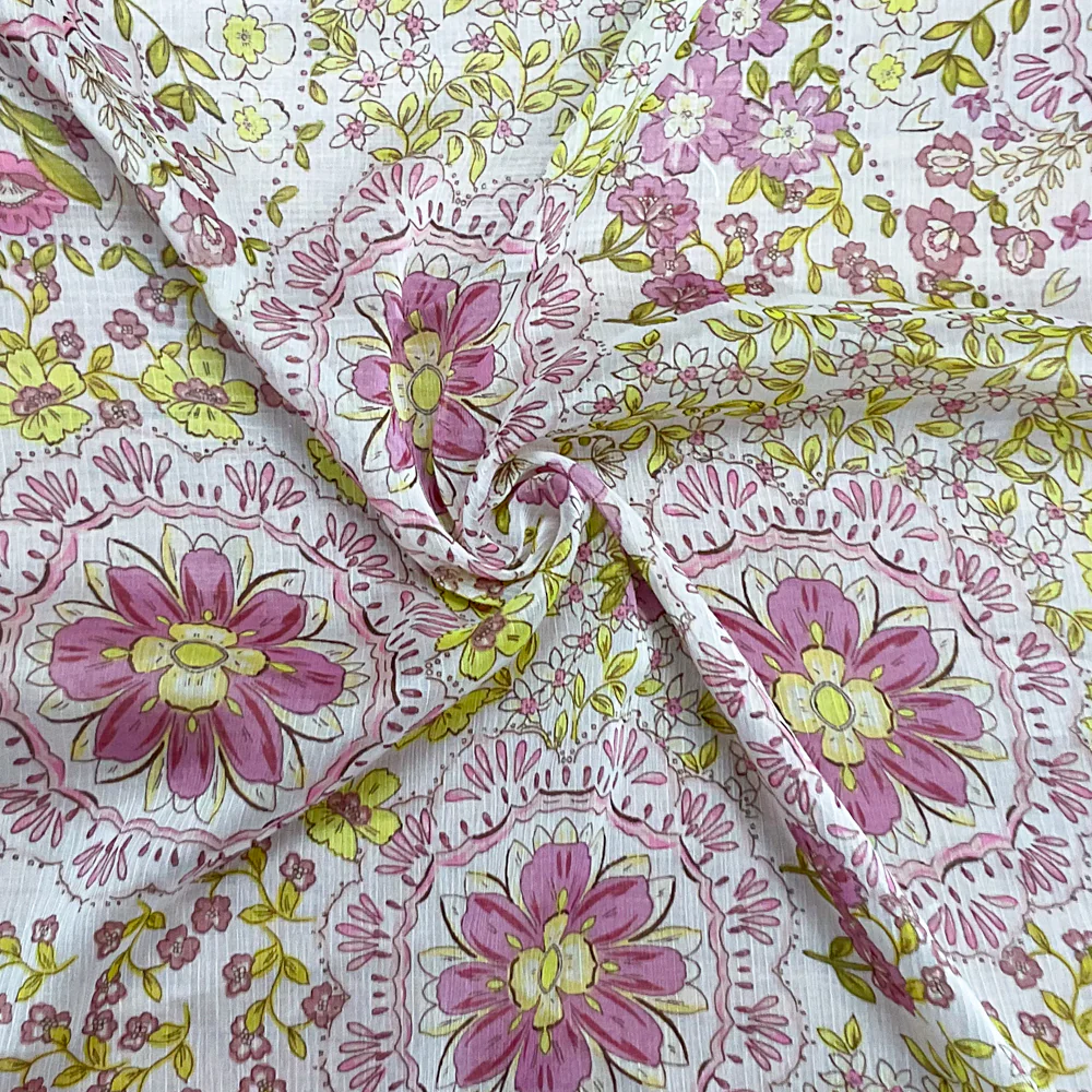 Ivory-Green-Multi Poly Floral Printed Crinkle Yoryu Chiffon Woven Fabric