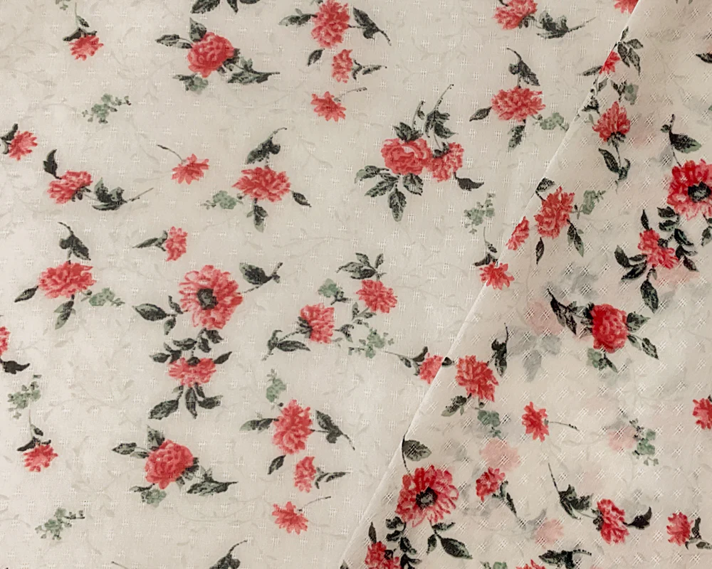 Ivory-Green-Multi Poly Floral Printed Dobby Chiffon Woven Fabric - Image 2