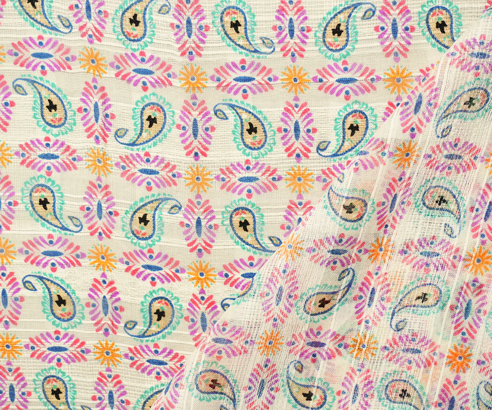 Ivory-Multi Rayon Paisley Printed Striped Dobby Woven Fabric - Image 2