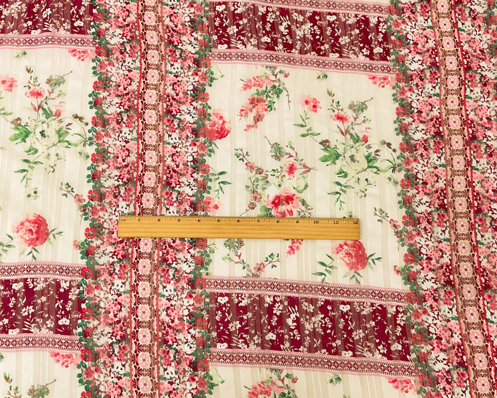 Ivory-Multi Stripe Floral Print Satin Stripe Chiffon Woven Fabric - Image 4