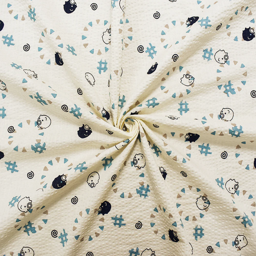 Ivory-Navy-Multi Japanese Cotton Abstract Pig Printed Plisse Woven Fabric