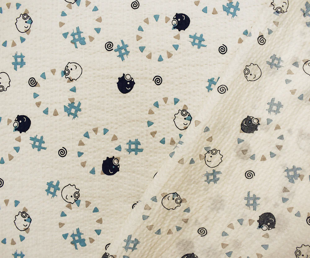 Ivory-Navy-Multi Japanese Cotton Abstract Pig Printed Plisse Woven Fabric - Image 2