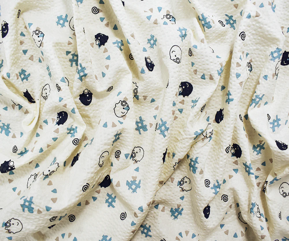 Ivory-Navy-Multi Japanese Cotton Abstract Pig Printed Plisse Woven Fabric - Image 3
