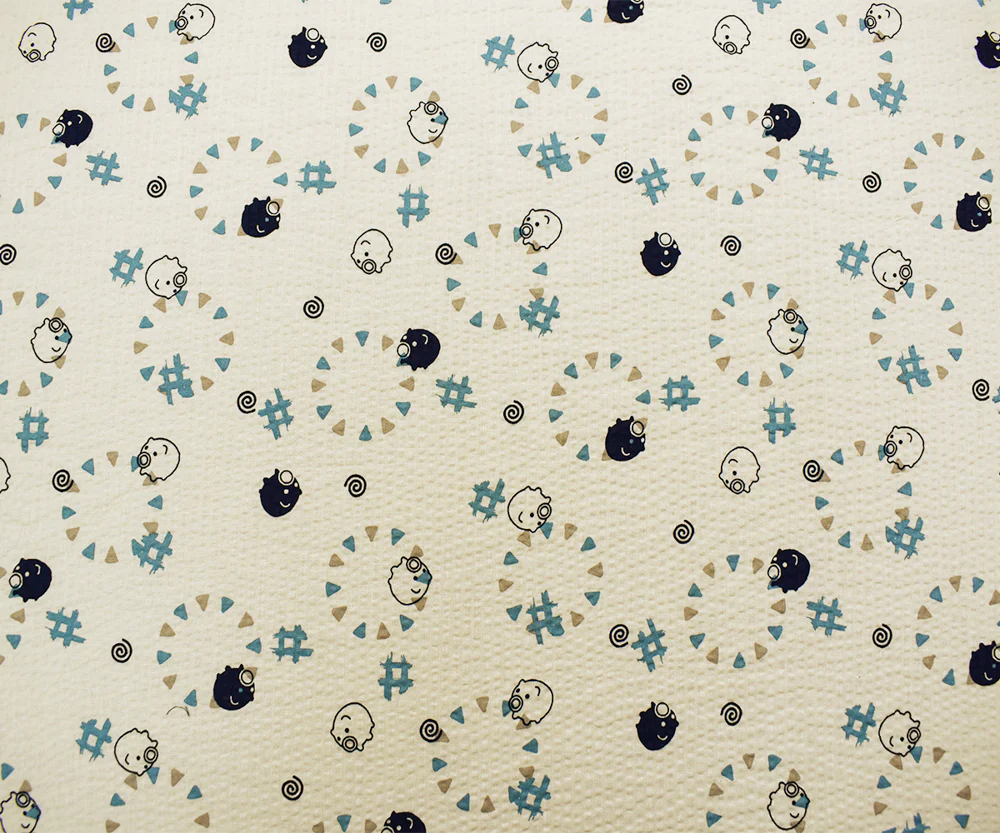 Ivory-Navy-Multi Japanese Cotton Abstract Pig Printed Plisse Woven Fabric - Image 4
