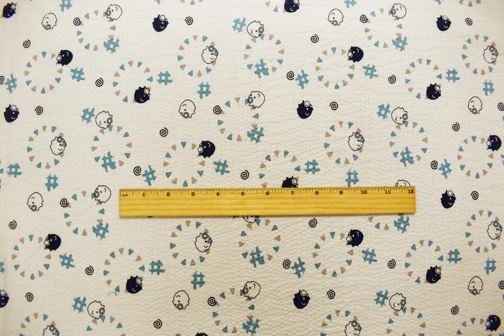 Ivory-Navy-Multi Japanese Cotton Abstract Pig Printed Plisse Woven Fabric - Image 5