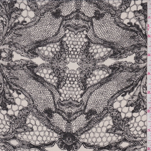 Ivory/Onyx Lace Print Silk Crepe de Chine Fabric