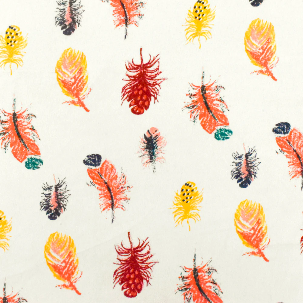 Ivory-Orange-Multi Feather Printed Rayon Crepe Faille Woven Fabric