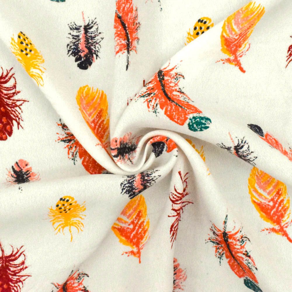 Ivory-Orange-Multi Feather Printed Rayon Crepe Faille Woven Fabric - Image 2