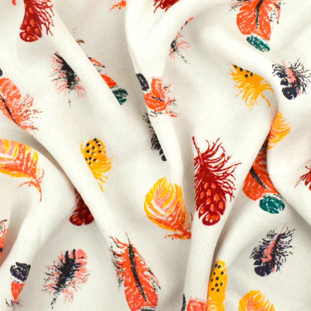 Ivory-Orange-Multi Feather Printed Rayon Crepe Faille Woven Fabric - Image 3