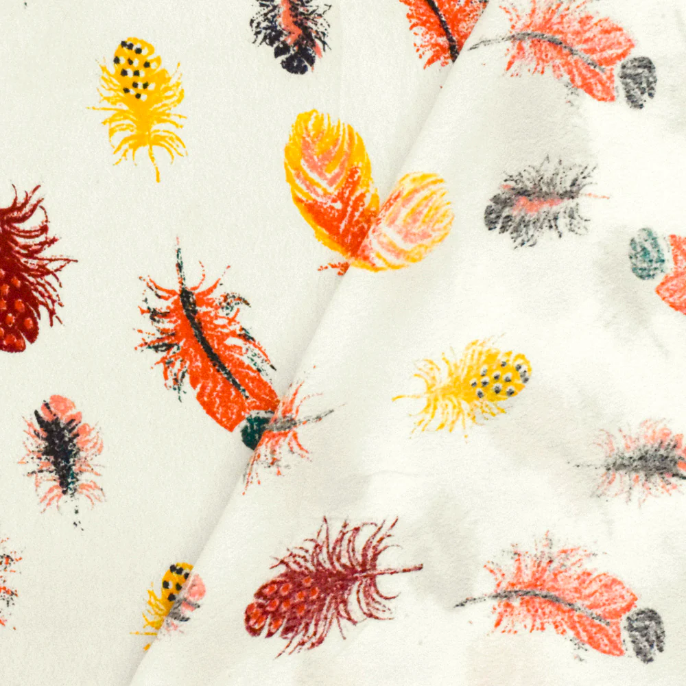 Ivory-Orange-Multi Feather Printed Rayon Crepe Faille Woven Fabric - Image 4