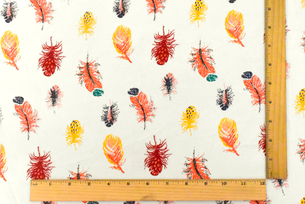 Ivory-Orange-Multi Feather Printed Rayon Crepe Faille Woven Fabric - Image 5