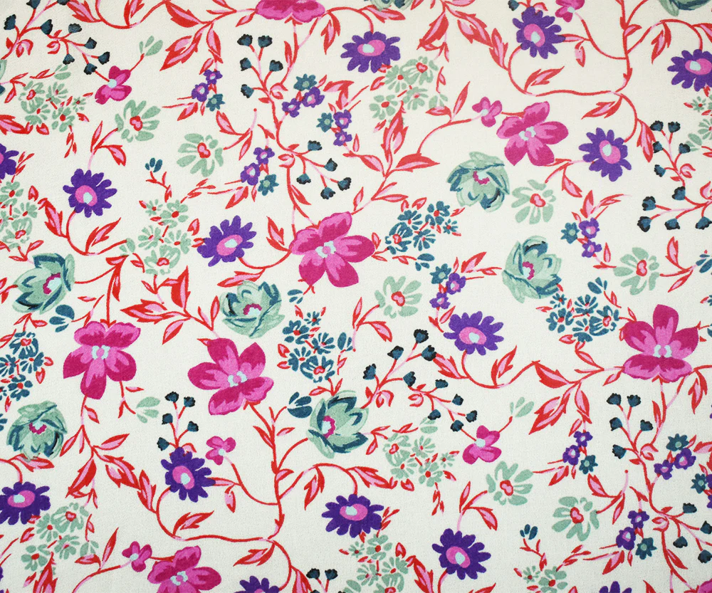 Ivory-Pink-Multi Floral Printed Poly Chiffon Woven Fabric - Image 3