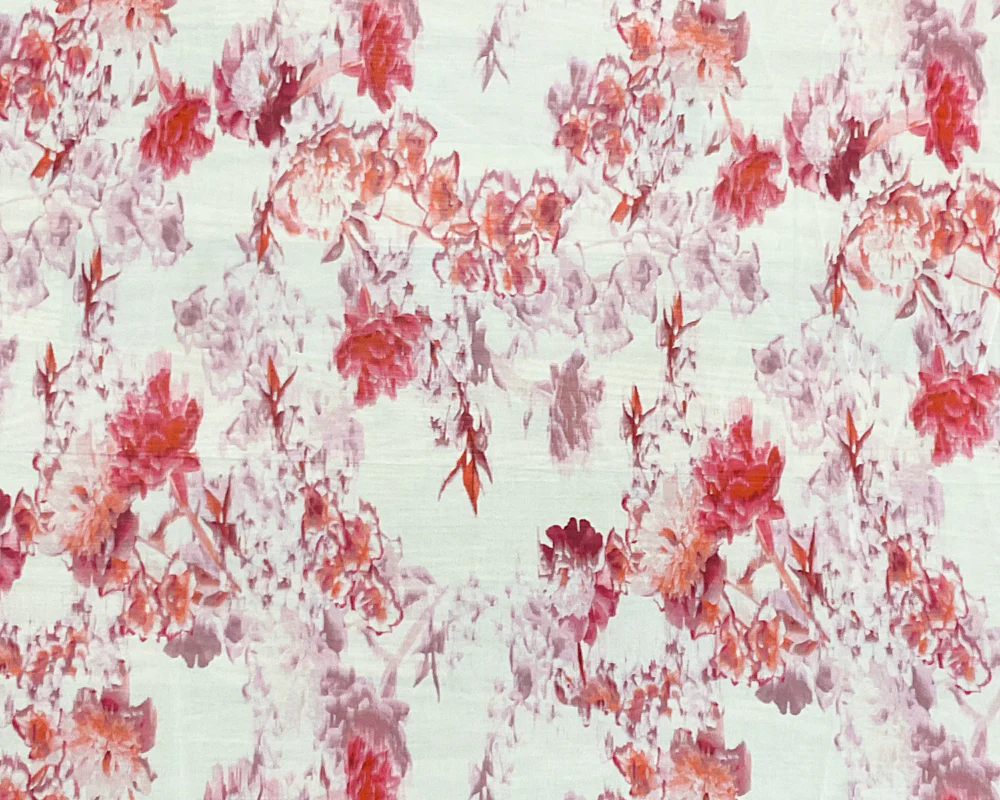 Ivory-Pink-Multi Poly Floral Printed Chiffon Woven Fabric - Image 3
