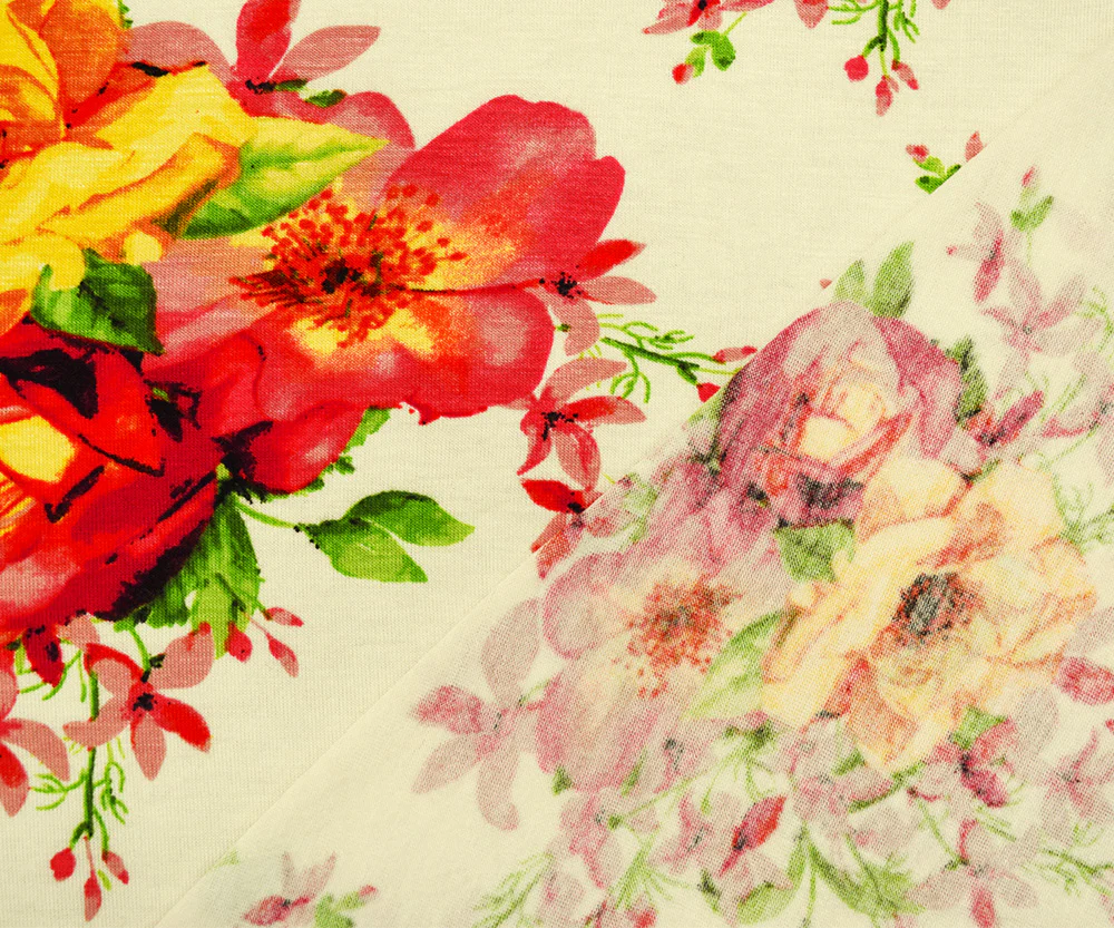 Ivory-Pink-Multi Rayon Floral Printed Stretch Spandex Jersey Knit Fabric - Image 3