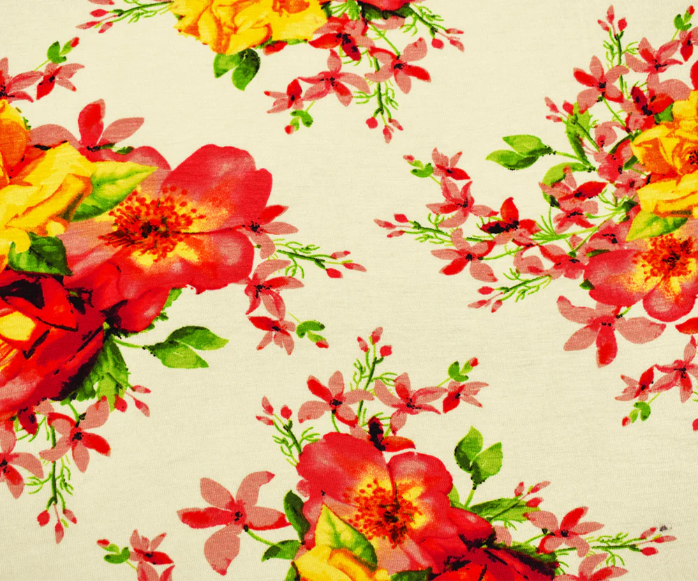 Ivory-Pink-Multi Rayon Floral Printed Stretch Spandex Jersey Knit Fabric - Image 4