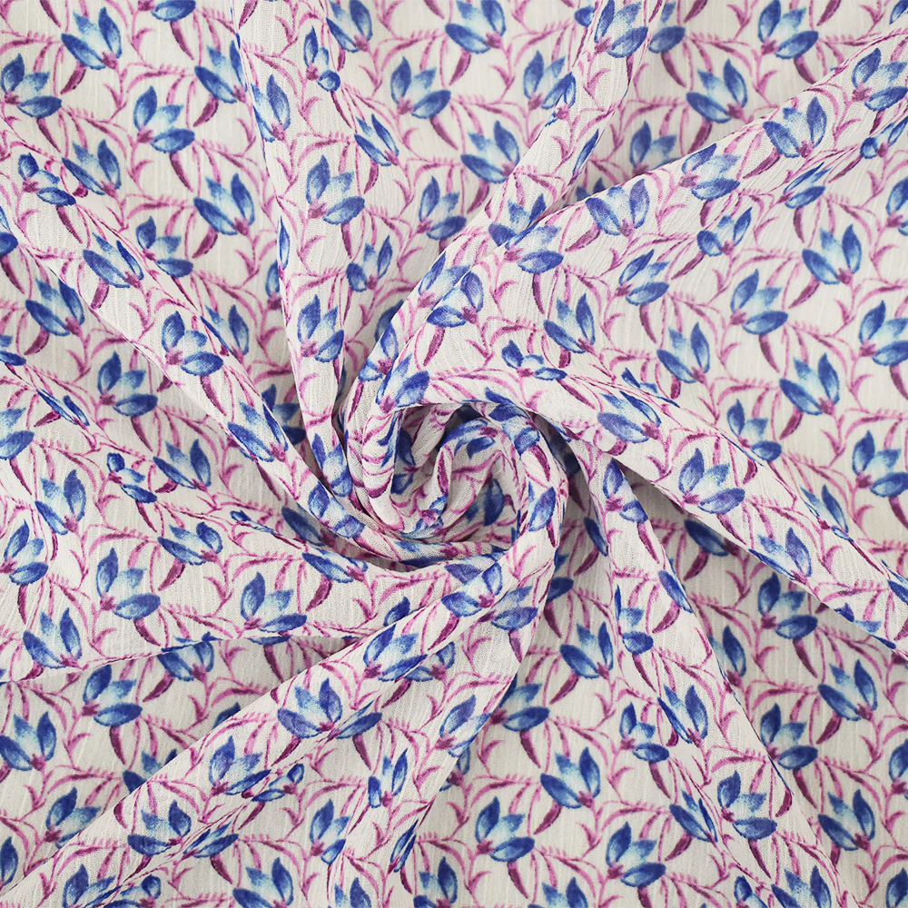 Ivory-Purple-Blue Floral Printed Poly Yoryu Chiffon Woven Fabric