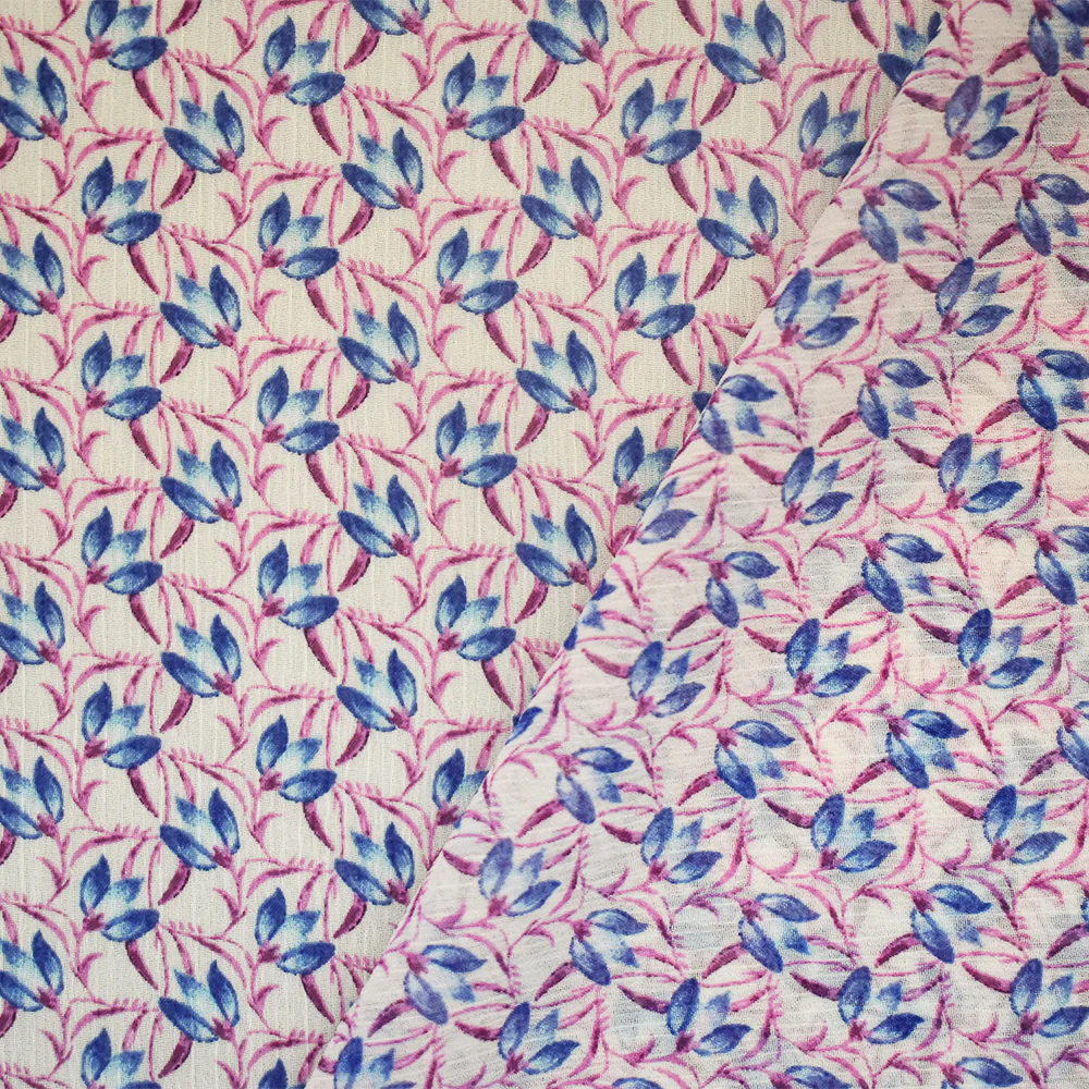 Ivory-Purple-Blue Floral Printed Poly Yoryu Chiffon Woven Fabric - Image 2