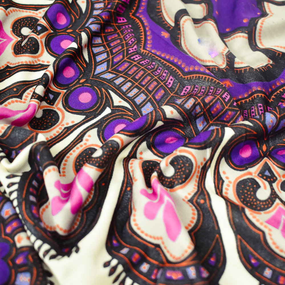 Ivory-Purple-Multi Floral Border Print Panel Silk Jersey Knit Fabric - Image 2