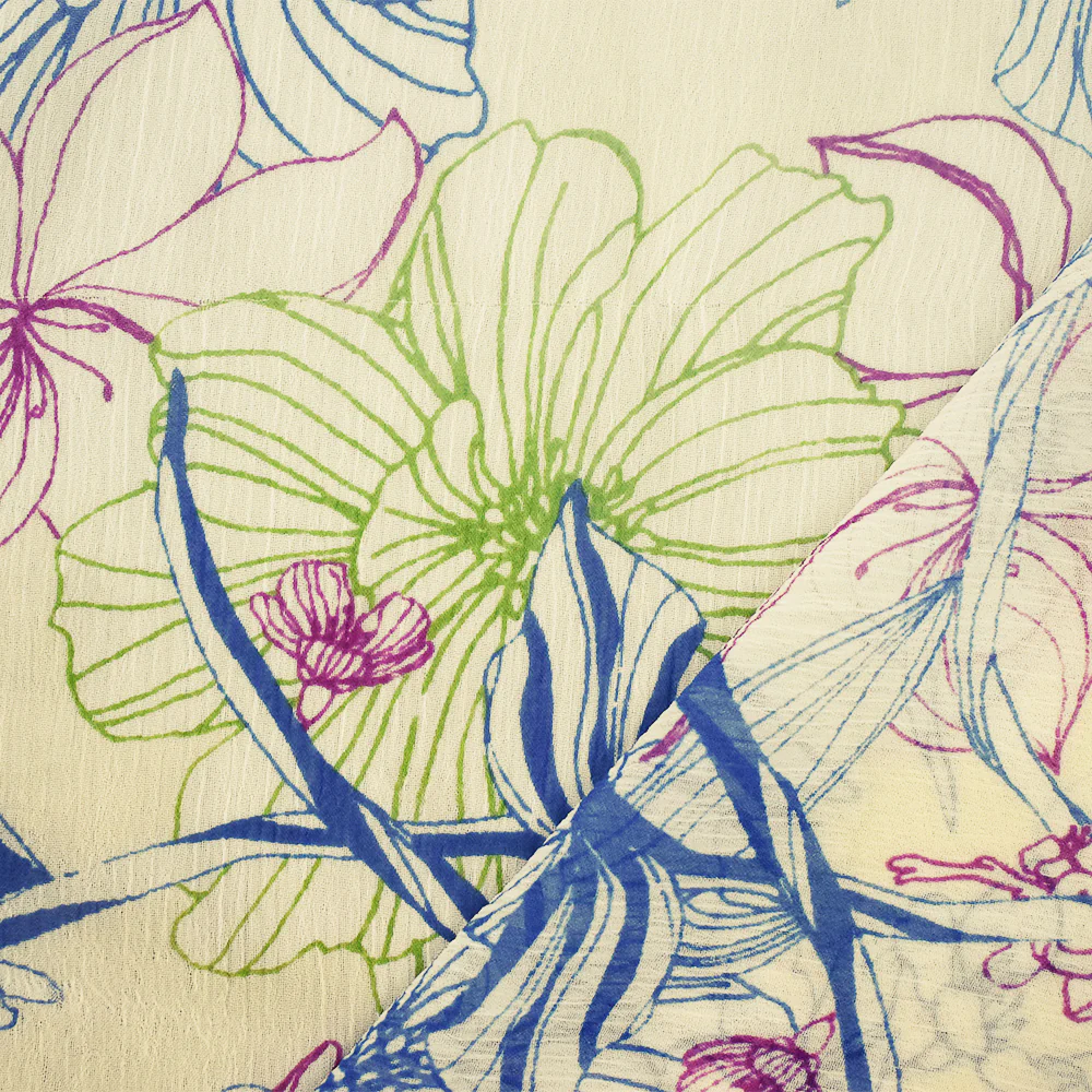 Ivory-Purple-Multi Floral Printed Poly Yoryu Chiffon Woven Fabric - Image 2