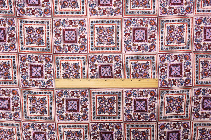 Ivory-Purple-Multi Rayon Floral Tile Printed Twill Woven Fabric - Image 4