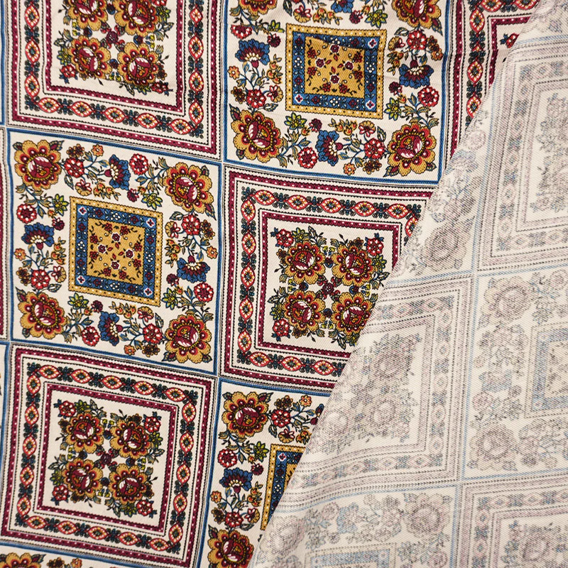 Ivory-Red-Multi Rayon Floral Tile Printed Twill Woven Fabric - Image 2