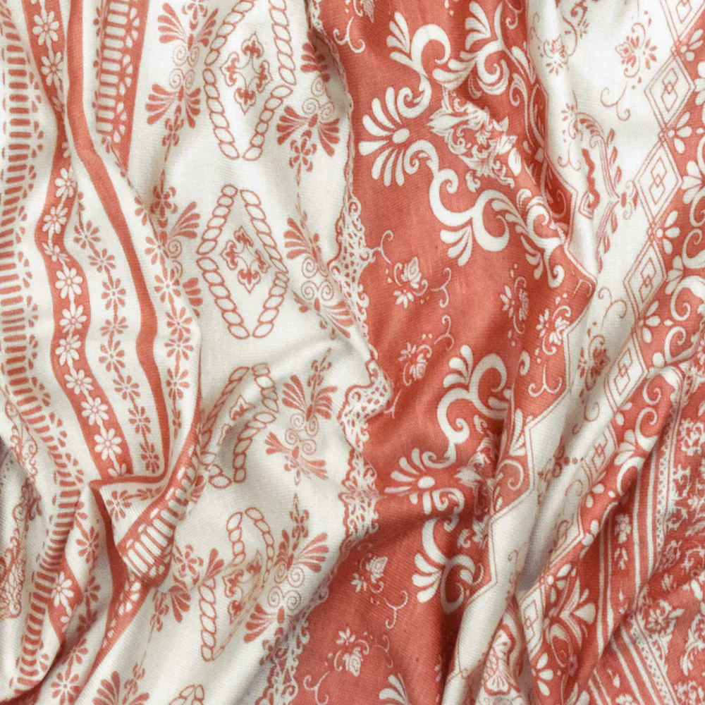 Ivory-Rose Pink Pillar Printed Rayon Stretch Jersey Knit Fabric - Image 3