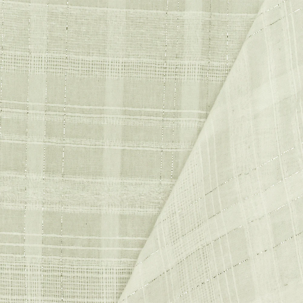 Ivory-Silver Famous Designer Semi-Sheer Plaid Texture Woven Fabric