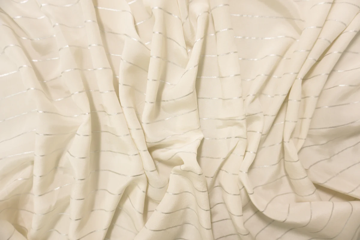 Ivory-Silver Silk Stripe Printed Crepe De Chine Woven Fabric - Image 3