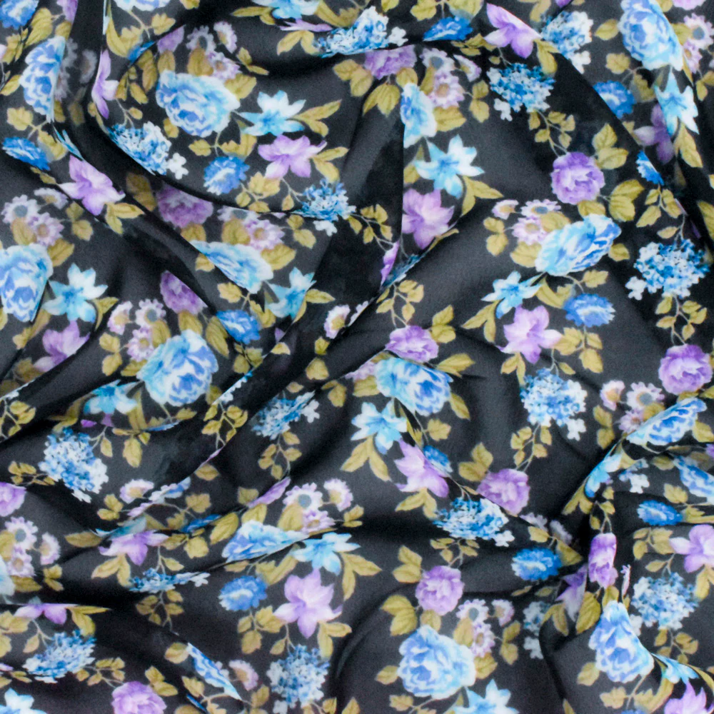 Jet Black-Blue-Multi Floral Printed Polyester Chiffon Woven Fabric - Image 3
