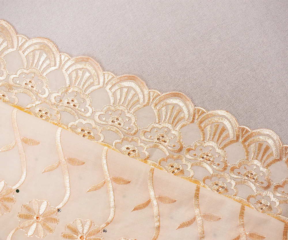 Light Beige Poly-Cotton Embroidered Scallop Rhinestone Woven Fabric - Image 2
