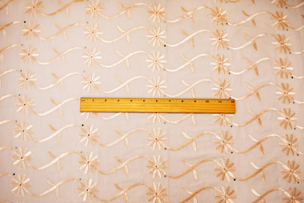 Light Beige Poly-Cotton Embroidered Scallop Rhinestone Woven Fabric - Image 5